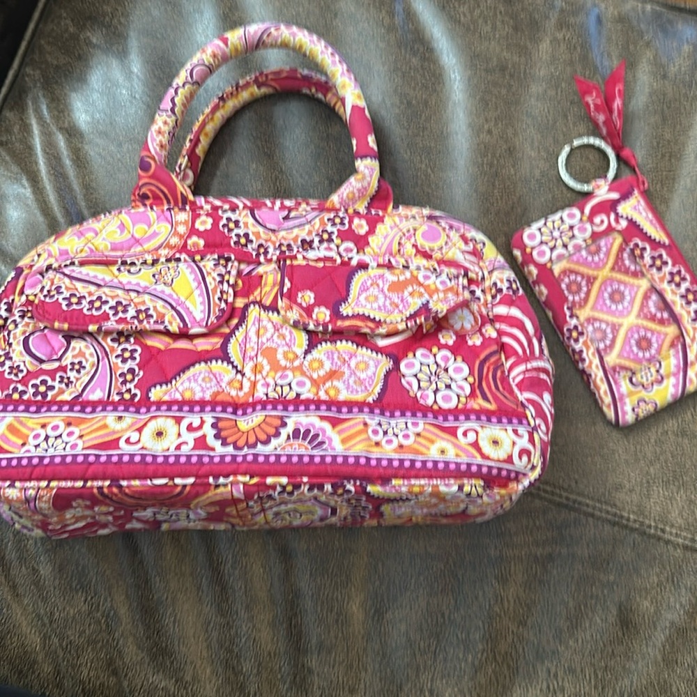 Vera Bradley satchel purse with matching ID case in raspberry fizz.